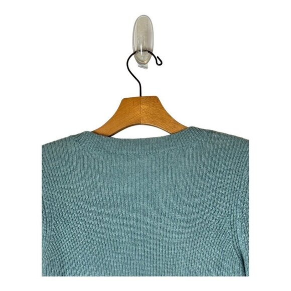 Loft Sweater Women XS Blue Green Fuzzy Knit Puff Sleeve Jewel Crochet Pullover - Picture 5 of 10
